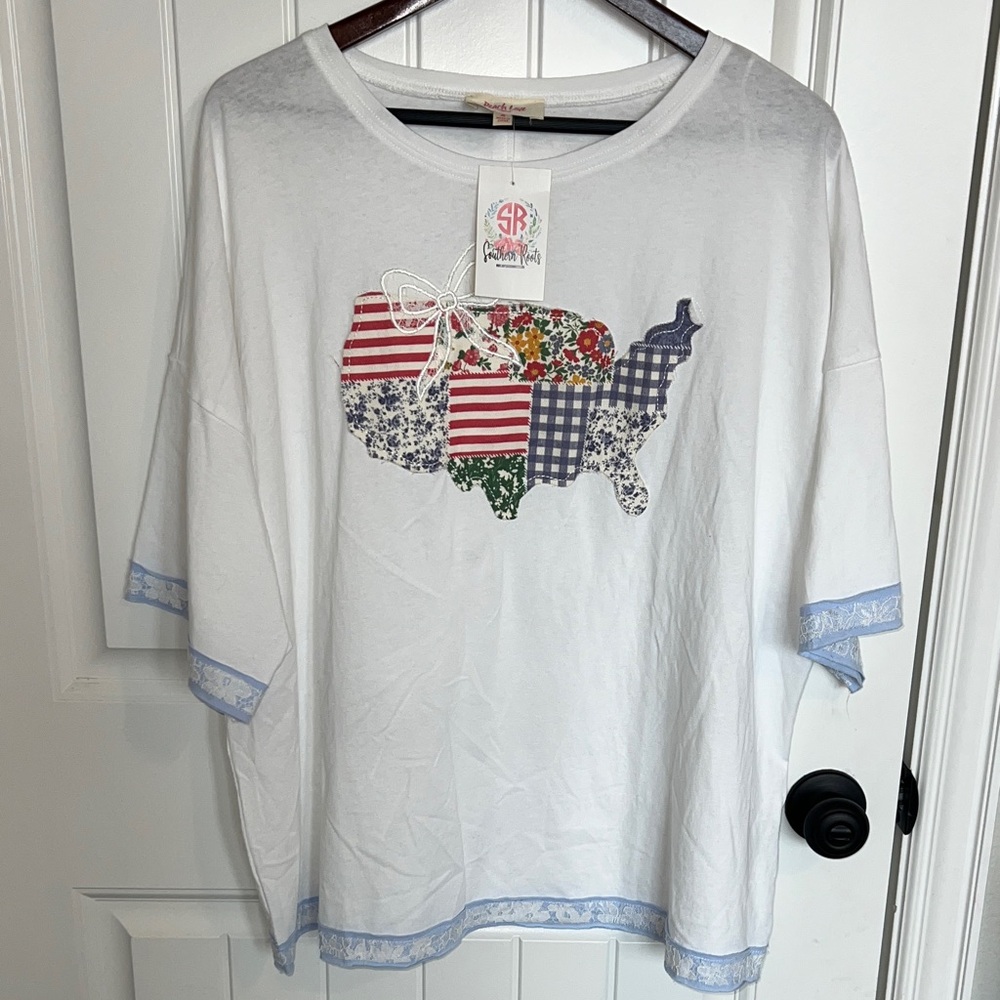 Peach Love USA Land of the Free America Oversized Patchwork Quilted Tee